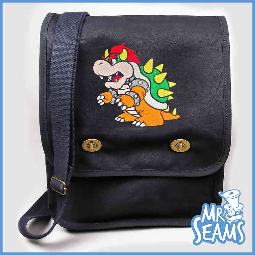 A messenger bag with a Pennywise character on it.