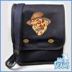 A black messenger bag with a pizza face on it.