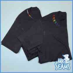 Two black t-shirts, The SubtleT - Color My Pride Shirt, that say mr seams