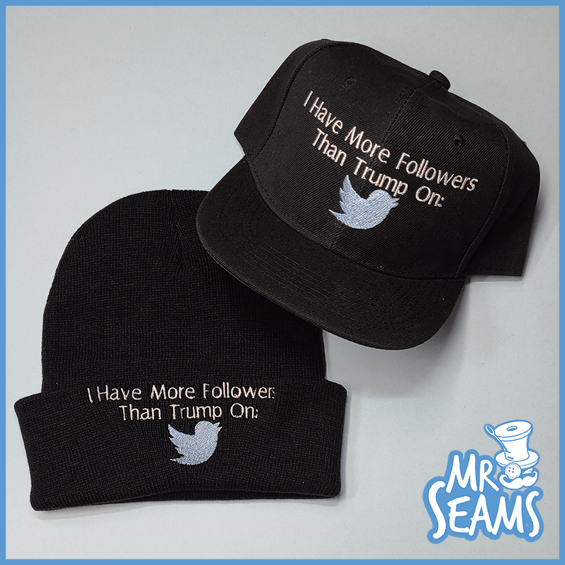 Two I have more followers than Trump Hats & Beanies that say "I have more followers than Twitter.