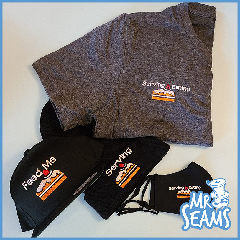 A Cake Hat, Beanie, or Mask with the words "Mrs. Seams".