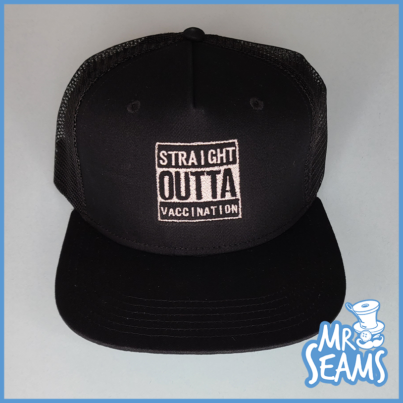 A black trucker hat with the word "straight outta" on it, perfect for someone who loves Vaccinated Beanies & Hats.