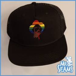 A black Freddy Krueger Pride beanie and hat with a rainbow design.