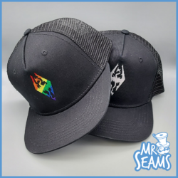 Two black Skyrim Pride Beanies & Hats with the words Mr. Seams on them.