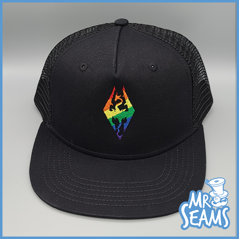 A black hat with a rainbow design on it from Skyrim Pride Beanies & Hats.