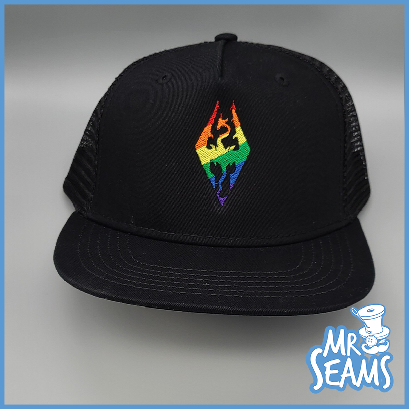 A black hat with a rainbow logo on it from Skyrim Pride Beanies & Hats.