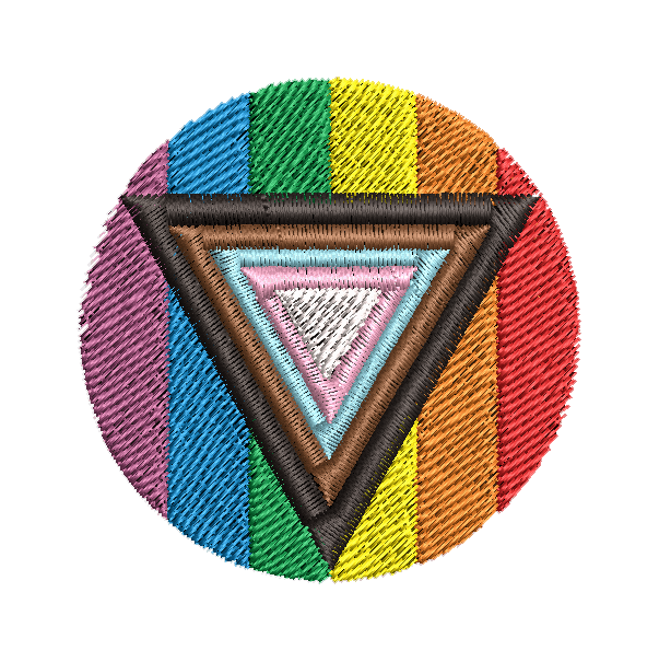 A Sticker Launch triangle embroidered on a circle.