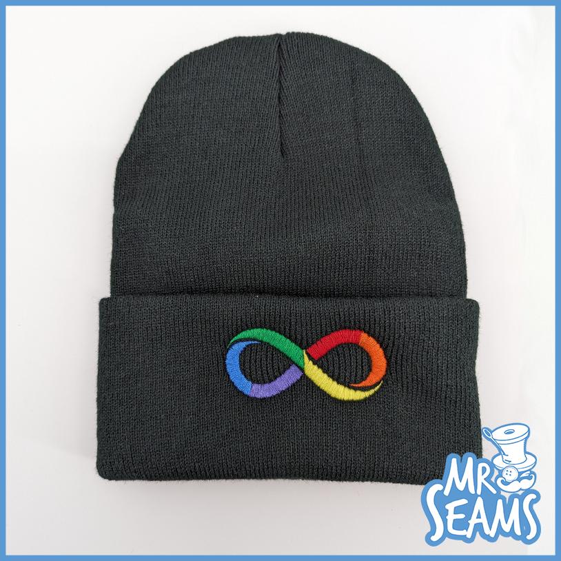 Black beanie with colorful infinity symbol.