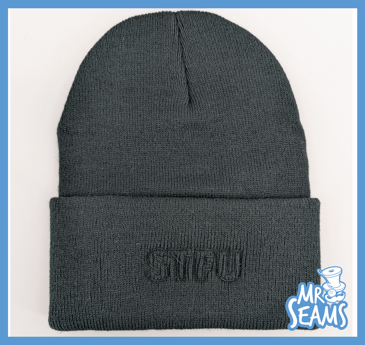 Dark gray knit beanie with embroidered text.
