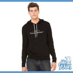 Man wearing black hoodie with colorful text.