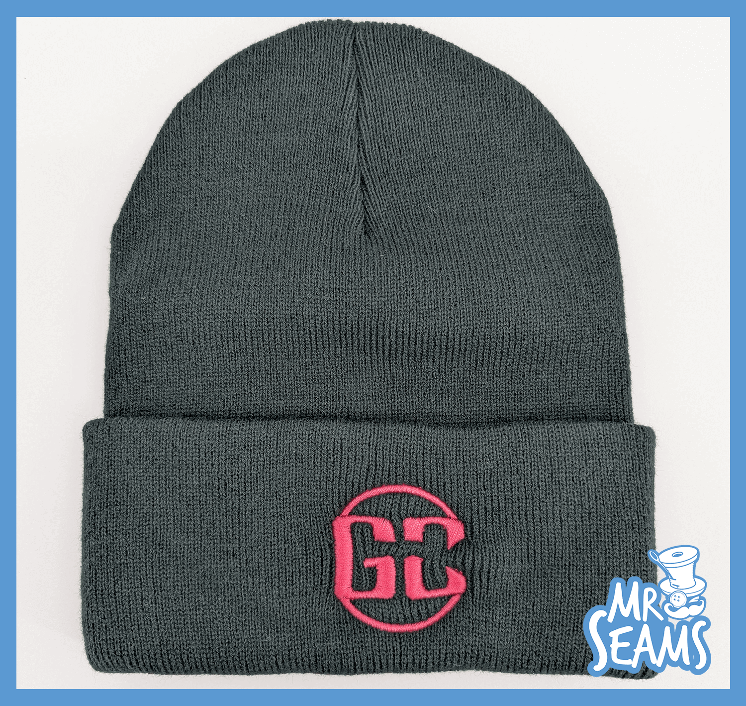Gray knit beanie with pink embroidered logo.