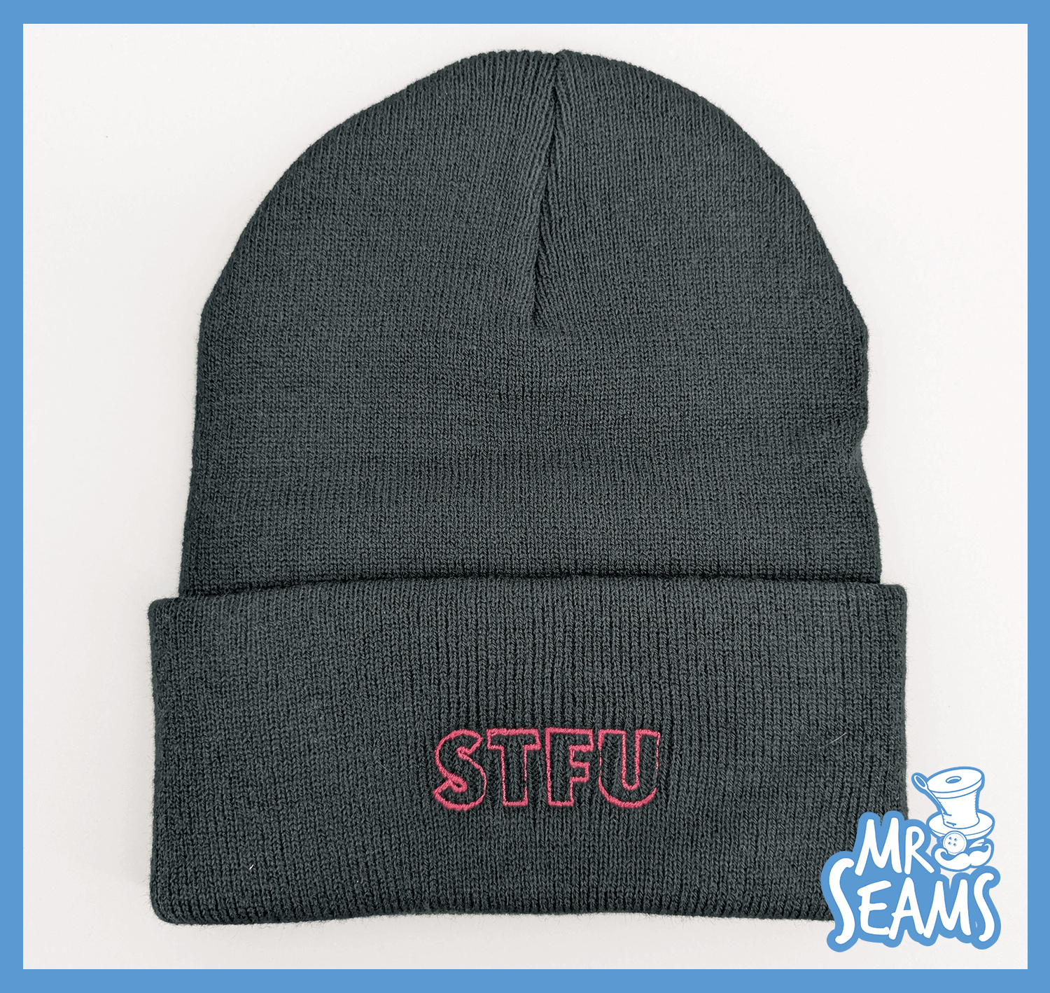 Dark beanie with "STFU" embroidered text.