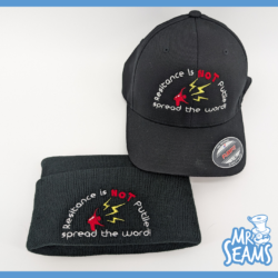 Cap and headband with resistance-themed embroidery.