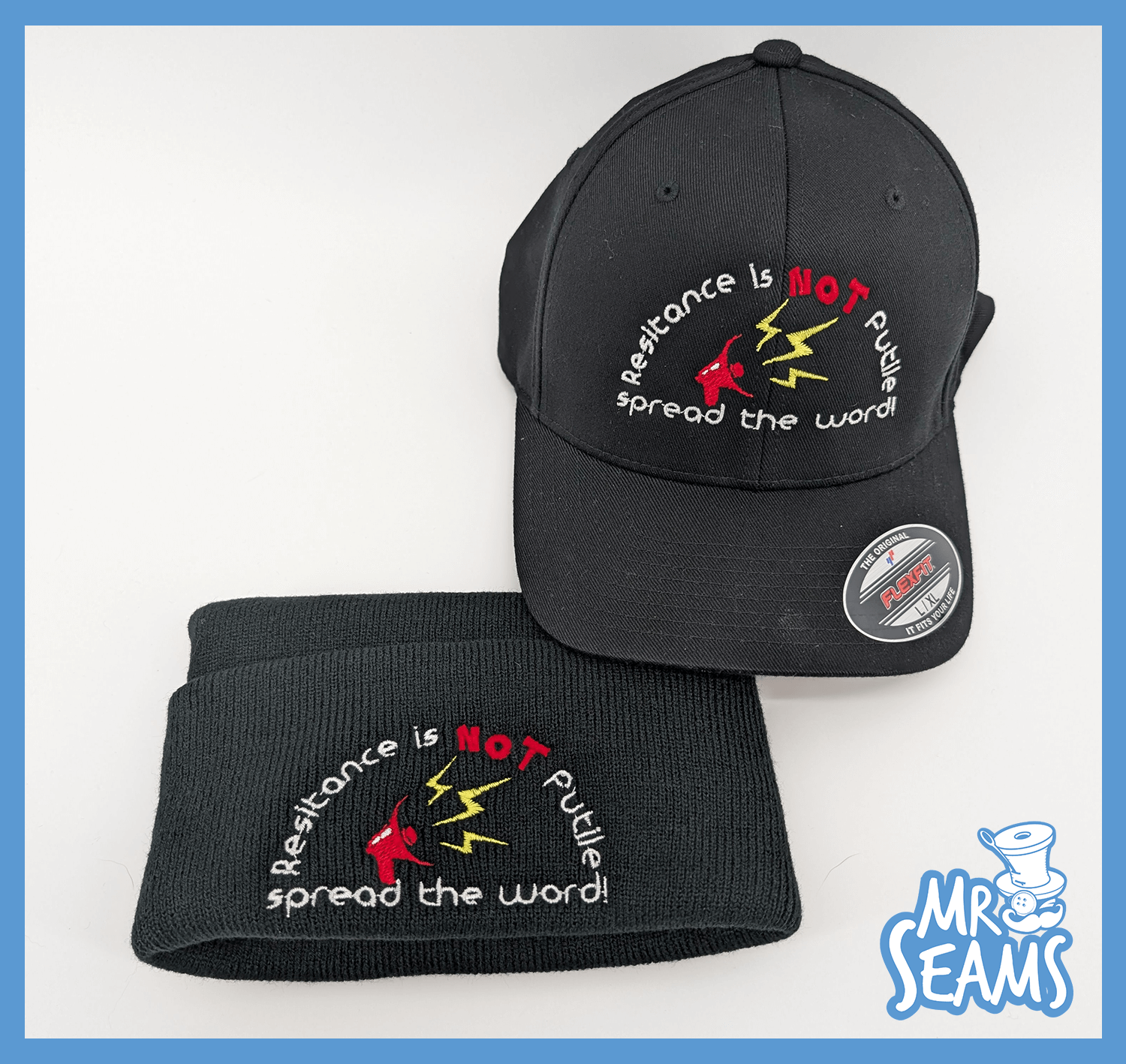 Cap and headband with resistance-themed embroidery.