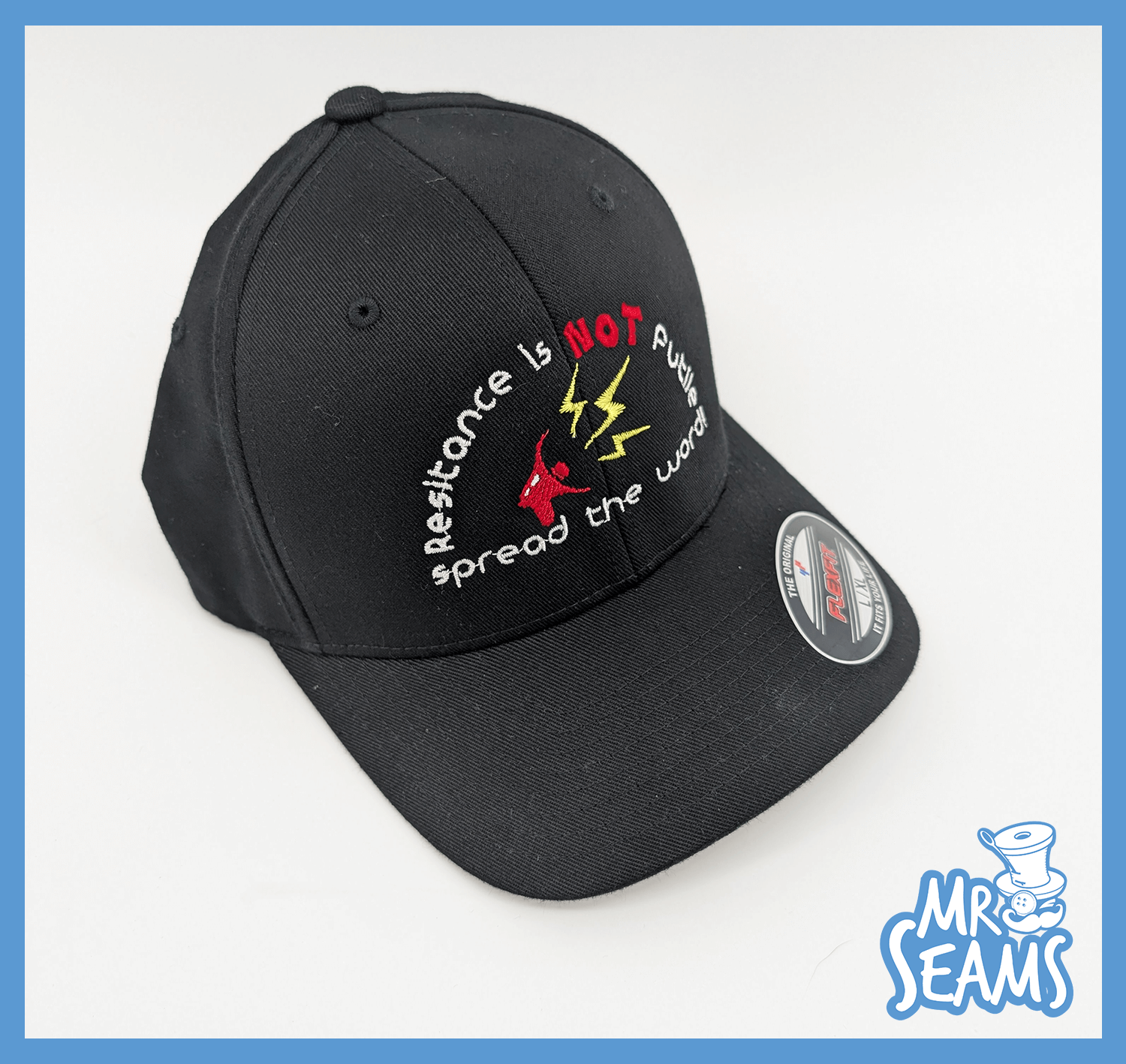 Black cap with embroidered text and symbols.