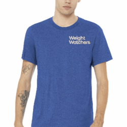 Man wearing a blue Weight Watchers shirt.