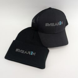 Black caps with embroidered "SWEARIN" logo.