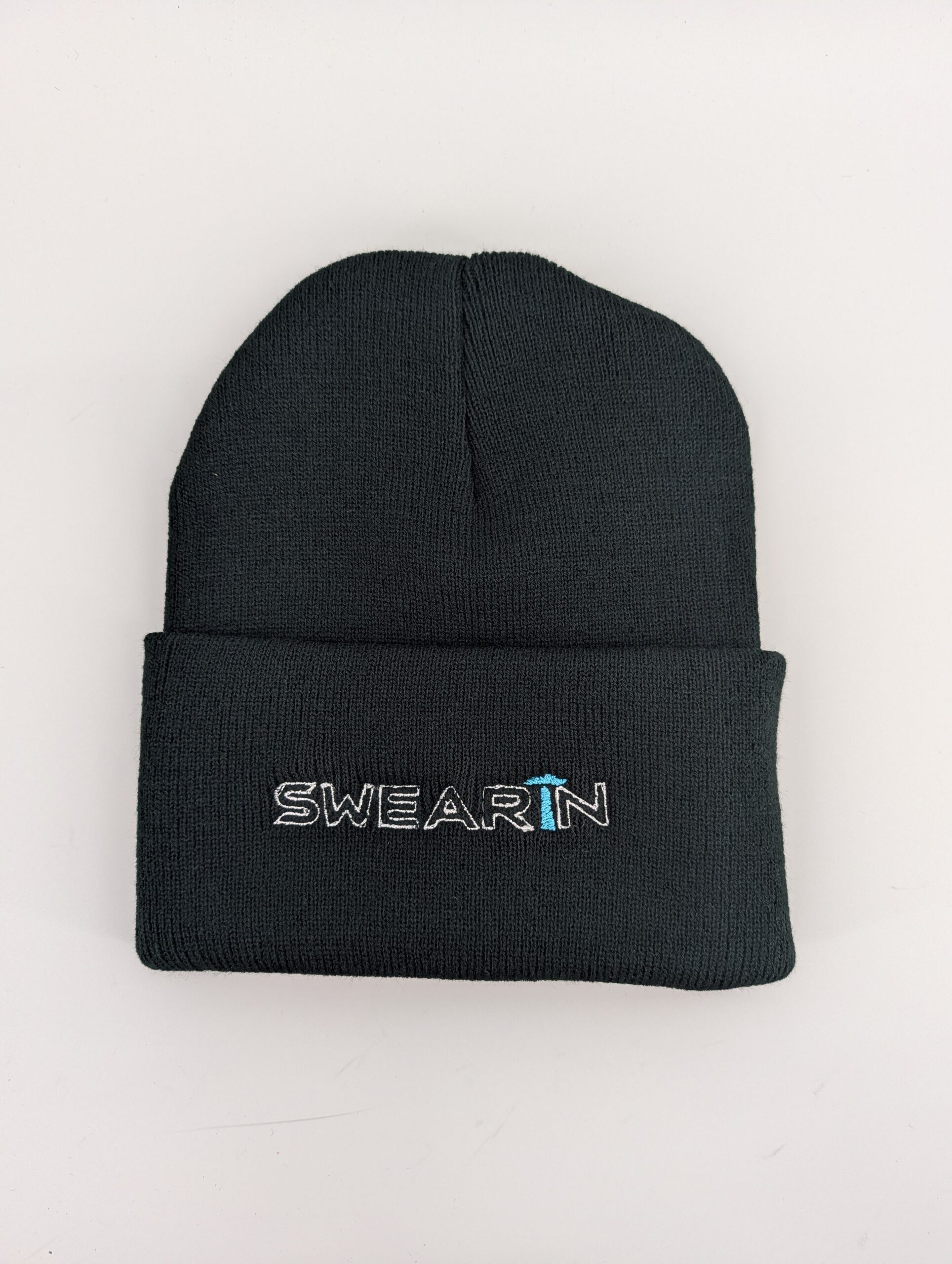Black beanie with "SWEARIN" embroidered text.