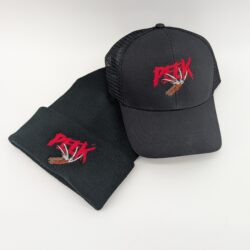 Black cap and beanie with red logo.